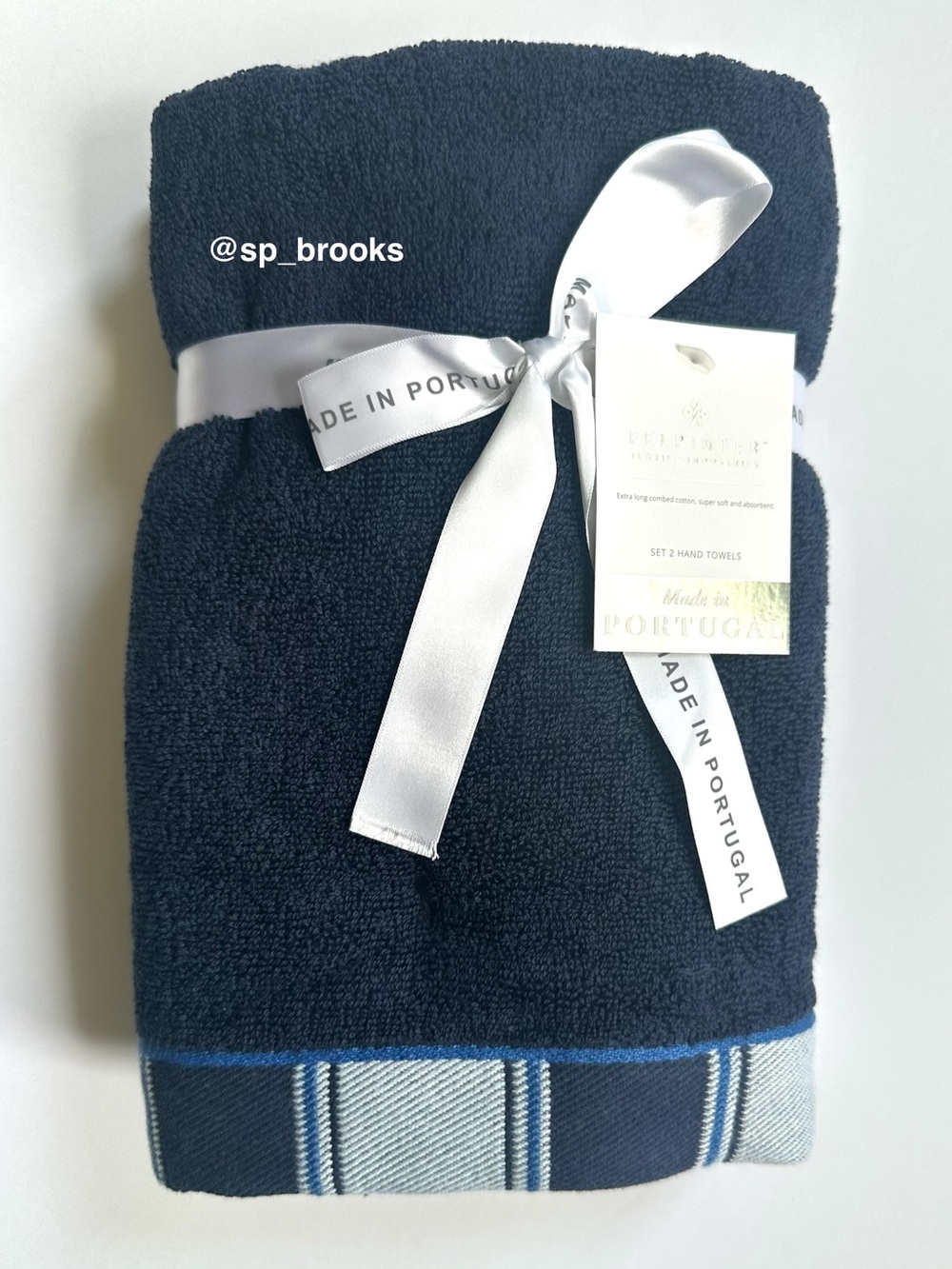 🎁2PC FELPINTER Hand Towel Set - Navy Blue with Woven Striped Piping - Cotton